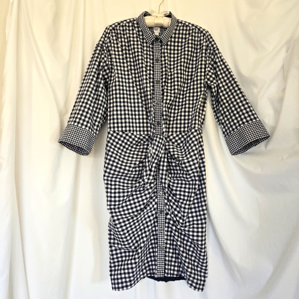 ( GAP ) Button Front Fitted Ruched Gingham Dress